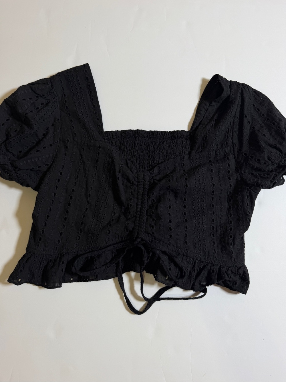 Black Eyelet Puff-Sleeve Cropped Top with Front Tie
